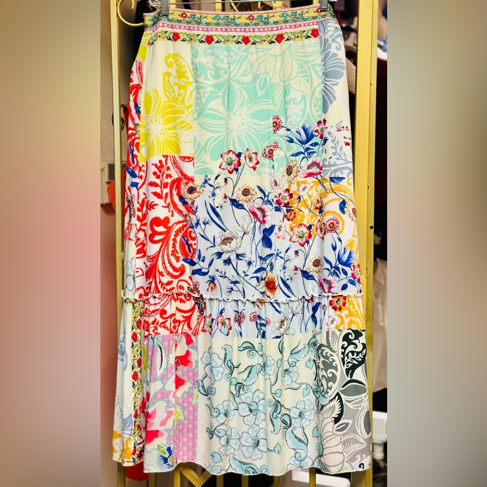 Johnny Was Red and Blue Tiered A-Line Maxi Skirt size : Large